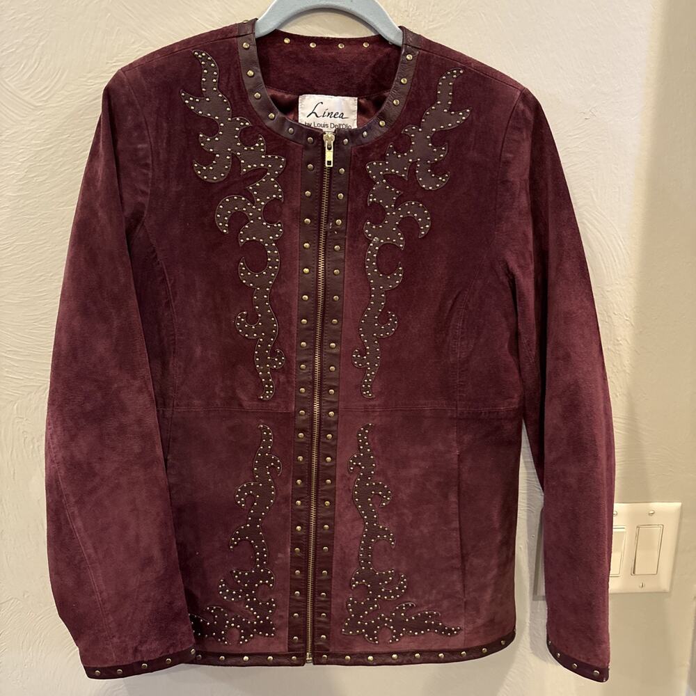 LINEA BY LOUIS DELL’OLIO GOLD‎ STUDDED SUEDE LEATHER JACKET Small Wine Burgundy